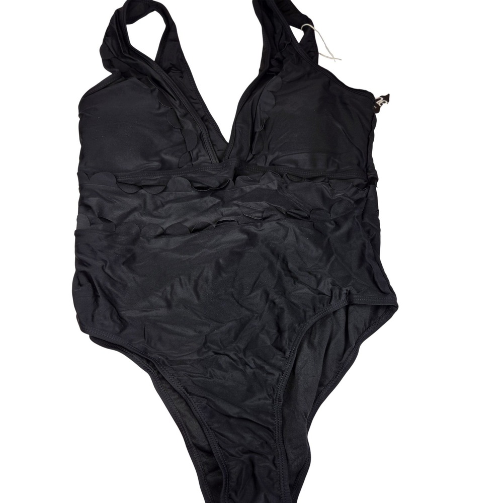 SouqFone‎ One Piece Swimsuit Women 2X Black Scalloped Ruffle Monokini 224 NWT